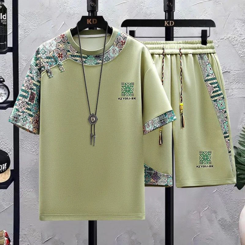 中国风短袖短裤套装男夏季冰丝凉感男士穿搭一整套新中式国潮衣服