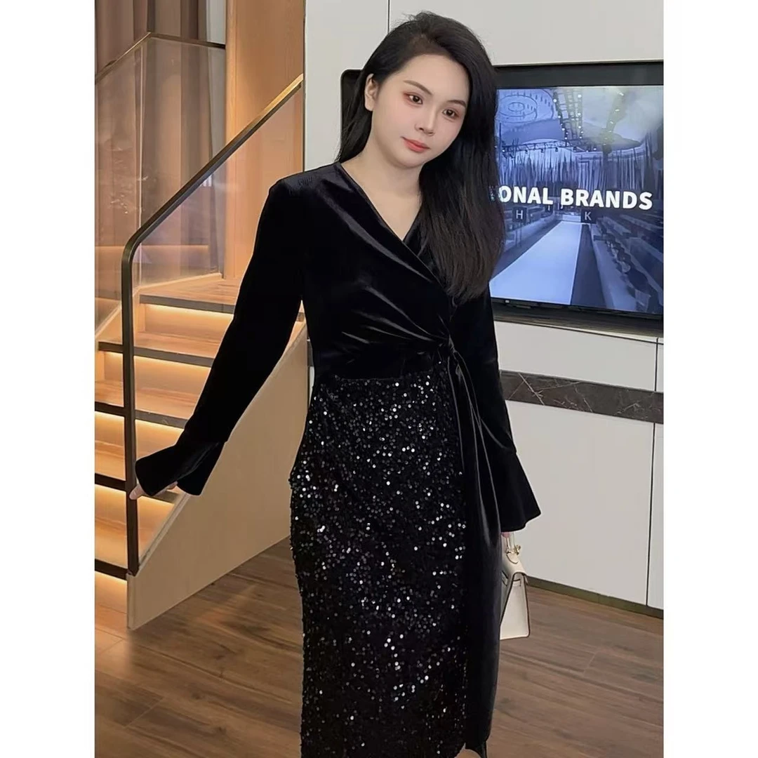 大梦微胖秋冬长裙子【DM263】mm遮肚气质显瘦藏肉长袖连衣裙