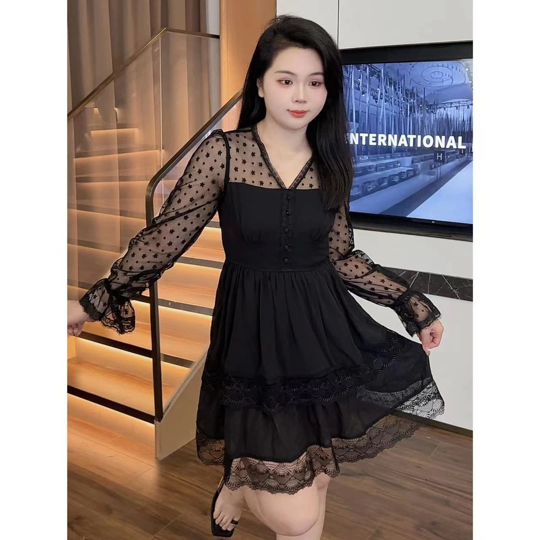 大梦微胖定制~【HC1120】气质法式波点拼接蕾丝小黑裙