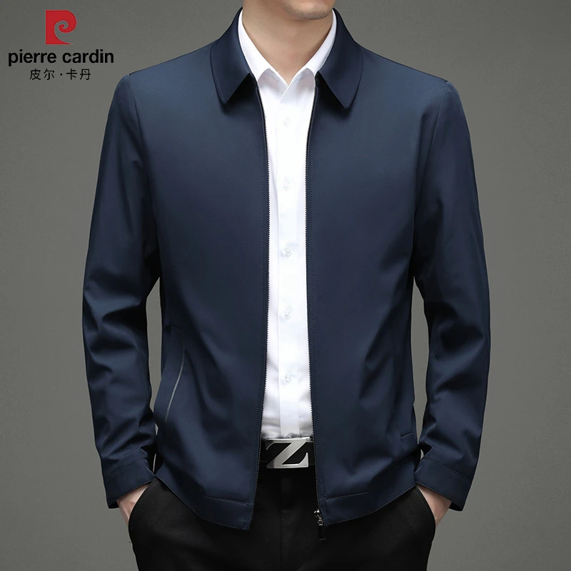 皮尔卡丹2024春秋季新款中年休闲男士翻领夹克外套商务纯色爸爸装