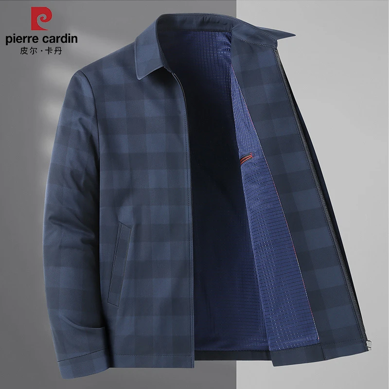 皮尔卡丹2023春季新款格子夹克男士商务翻领中老年爸爸装休闲外套