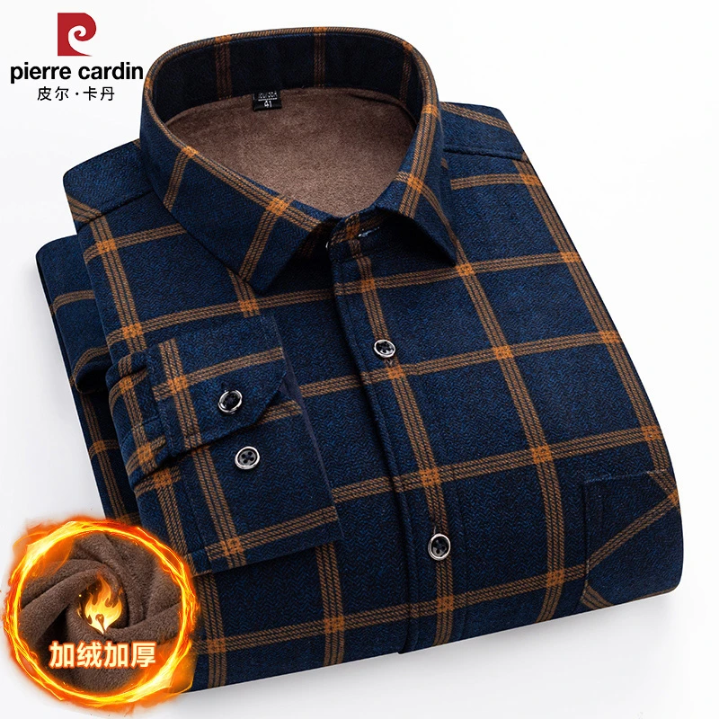 皮尔卡丹皮尔卡丹男士秋冬季长袖休闲百搭保暖方领衬衫加绒加厚