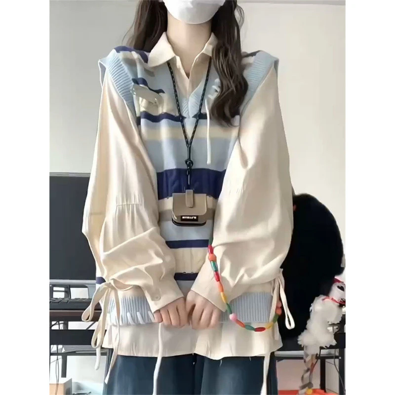 两件/套装学院风拼色条纹抽绳针织衫马甲背心毛衣女学生+杏色衬衫