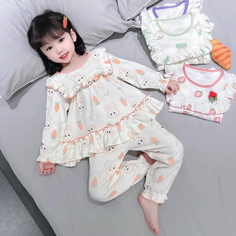 女童圆领睡衣春秋儿童女孩长袖家居服公主女宝宝保暖木耳边空调服