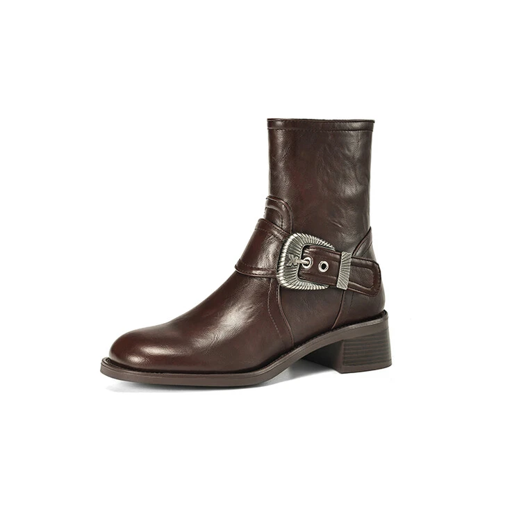 鞋子皮靴女靴秋冬季靴子女2024年秋季复古风粗跟金属装饰纯色时装