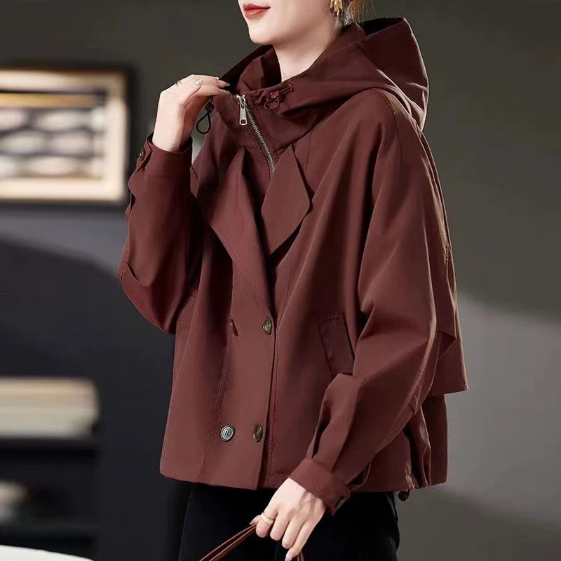 安可拉红双排扣风衣外套女短款小个子2024新款大码女士早初秋上衣