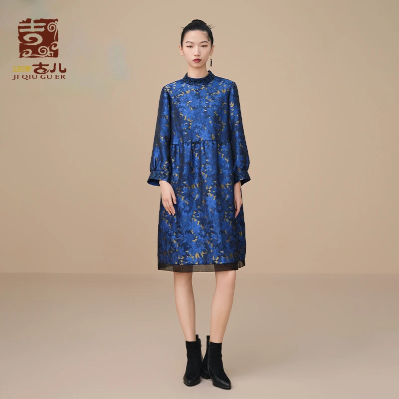 吉丘古儿璀璨花海连衣裙国风复古精致提花小立领娃娃裙女G233Y073