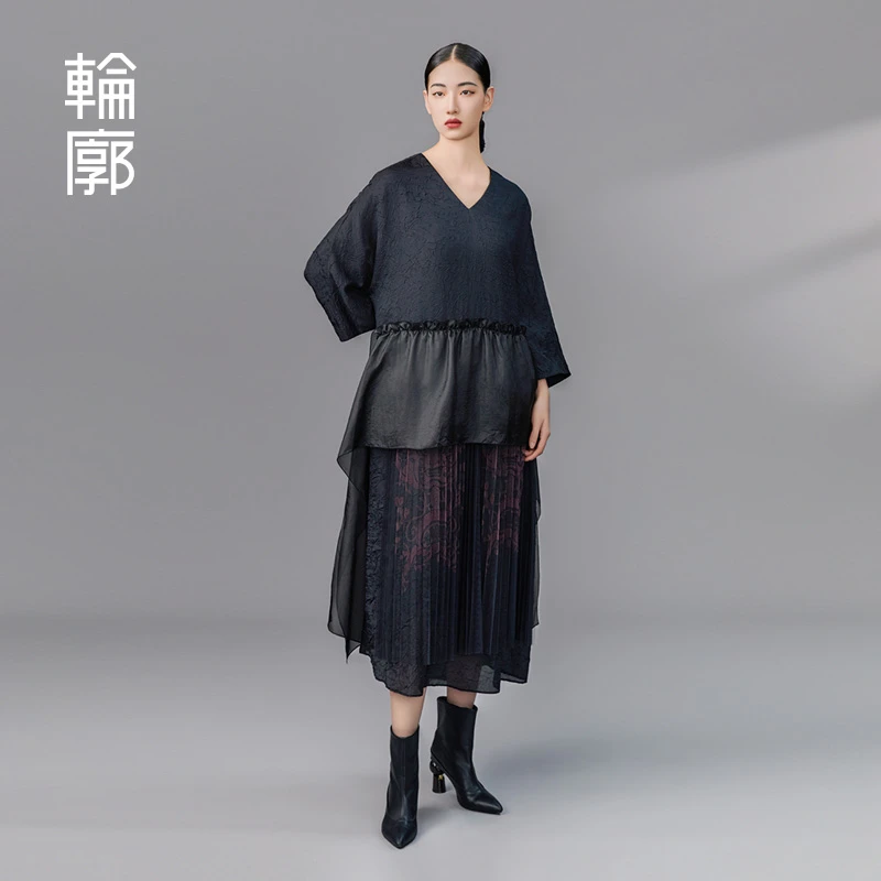 轮廓肌理婆娑网纱印花连衣裙时尚百搭气质拼接设计中长裙L233Y101