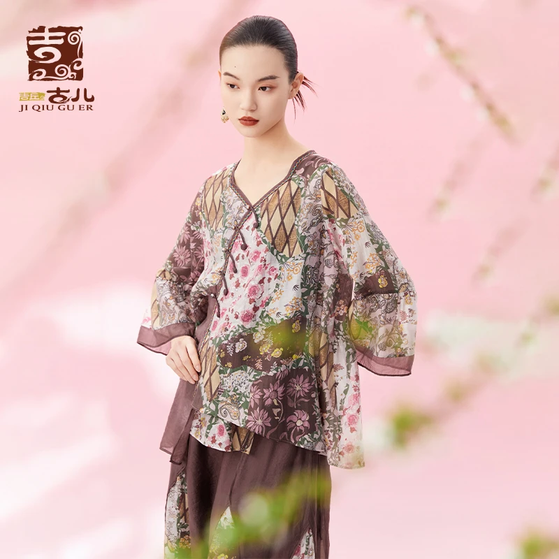 吉丘古儿寻芳集印花上衣宽松中国风复古休闲时尚仙气衬衫G242Y007