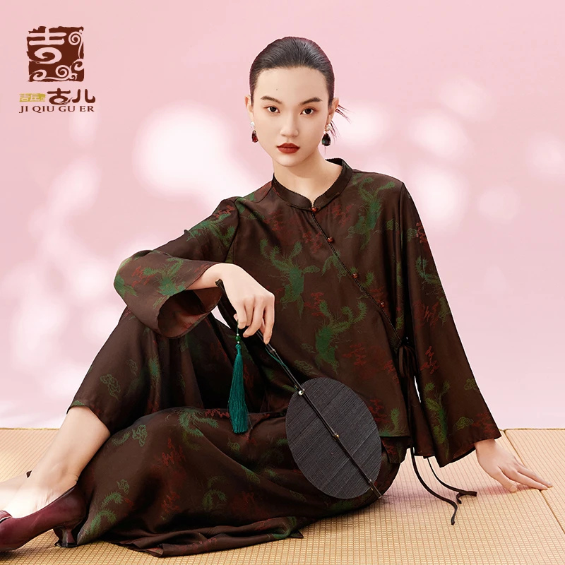 吉丘古儿凤归云中式立领衬衫交织提花复古气质立领衬衫G242Y028