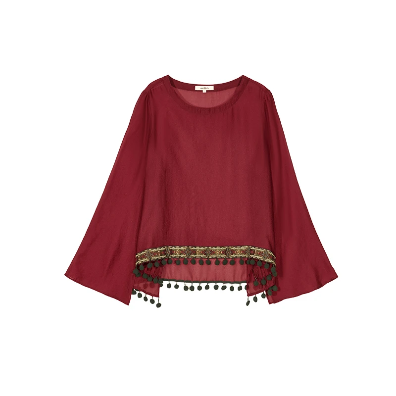 【达人】吉丘古儿蝶恋花复古上衣G233Y102时尚喇叭袖红色宽松T恤