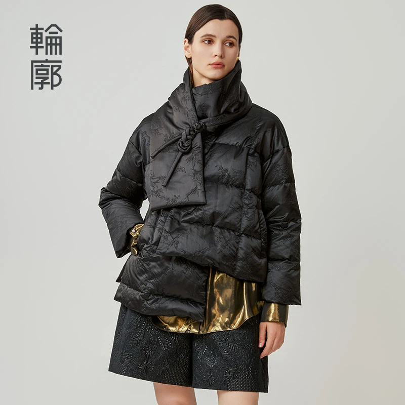 轮廓镜花水月新中式外套L244Y004不对称秋冬保暖国风羽绒新款黑