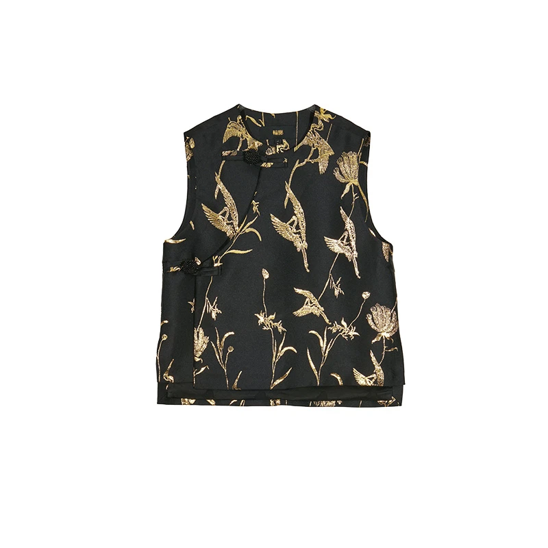 轮廓赤金华章国风圆领马甲时尚复古宽松斜襟提花百搭马夹L233Y063