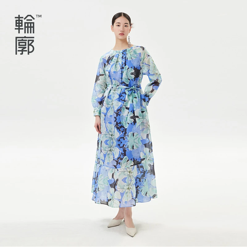 轮廓九分袖连衣裙潮流复古印花长裙纯欲慵懒风女装L232Y035