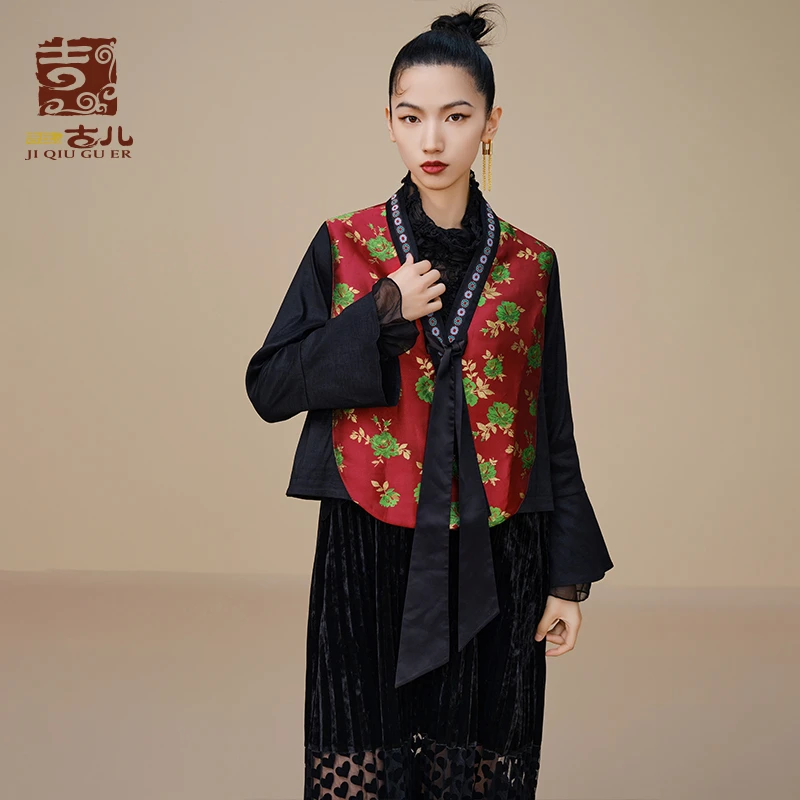 吉丘古儿朱樱及第V领短款外套民族风复古提花双宫绸外衣G233Y043