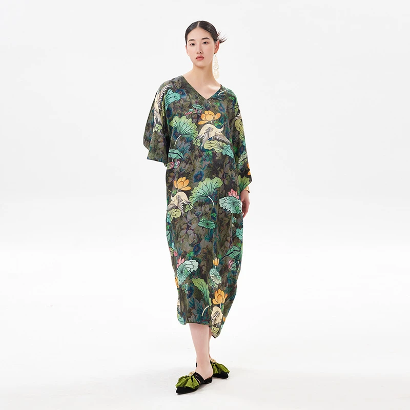 轮廓原创气质潮流七分袖连衣裙 印花V领减龄宽松长裙L232Y018