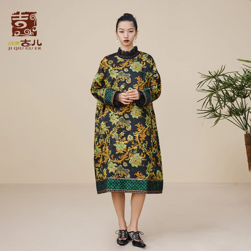 吉丘古儿簪花录系列连衣裙G223Y054提花文艺复古宽松显瘦中长裙