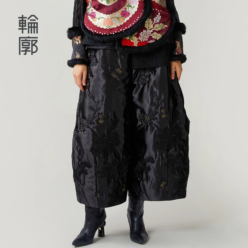 轮廓汀兰L244K002静奢缎面绣花九分阔腿裤复古时尚休闲百搭棉裤