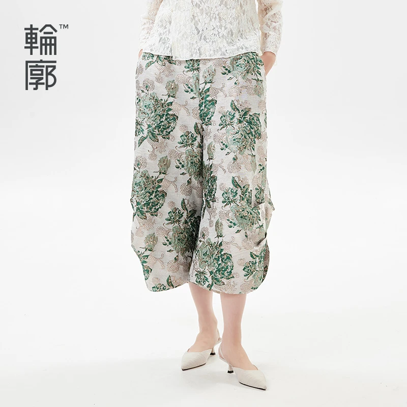轮廓原创九分裤复古提花时尚休闲裤百搭老钱风女装阔腿裤L231K002