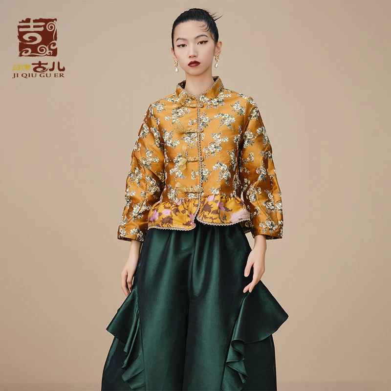 吉丘古儿古城花事复古提花减龄短款外套G233Y003中式裙边下摆上衣