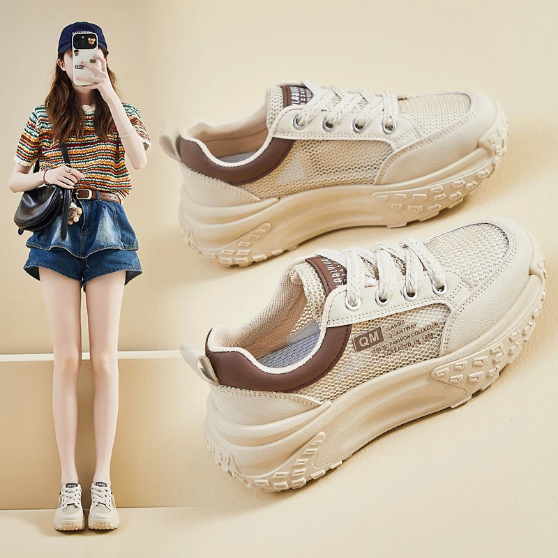 小白鞋女2024夏季新款韩版百搭网面透气厚底休闲板鞋女系带时尚潮