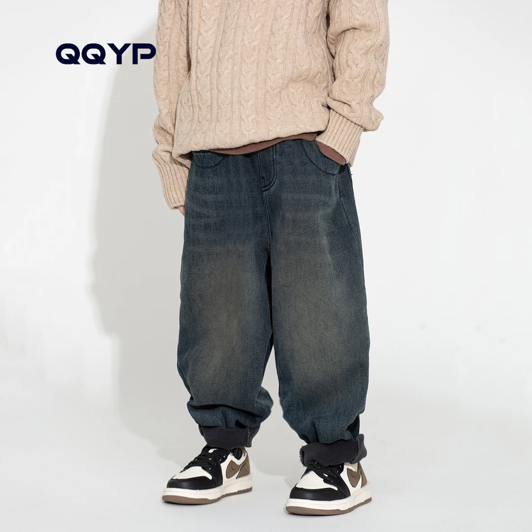 男童加绒牛仔裤2023冬装新款中大童儿童韩版加厚一体绒复古长裤子