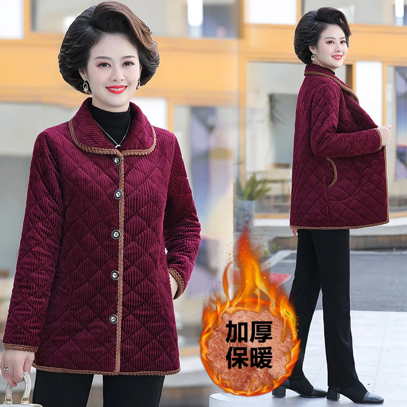 中老年妈妈装秋冬加绒加厚棉衣大码灯芯绒棉服洋气保暖纯色外套女