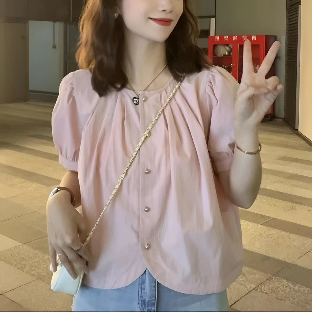 夏季上新显瘦法式甜美泡泡短袖衬衫女设计感小众不规则上衣