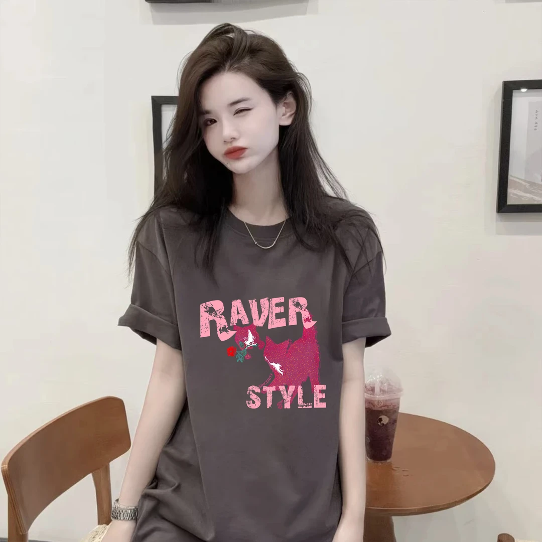 李西西 【玩耍猫咪】纯棉气质时尚休闲百搭宽松短袖T恤显瘦圆领