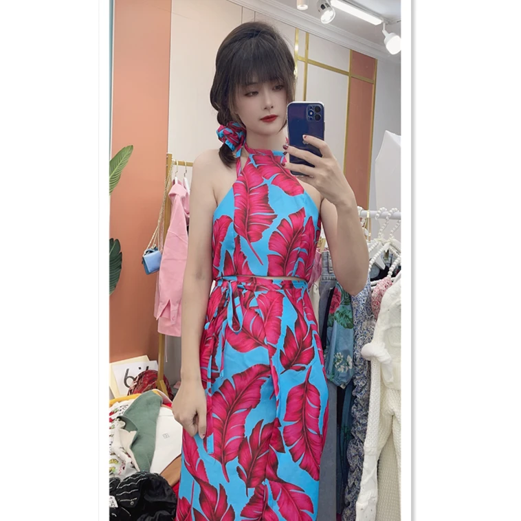 灰小猫 新款玫红叶子挂脖上衣+一片式马面裙半身裙套装女