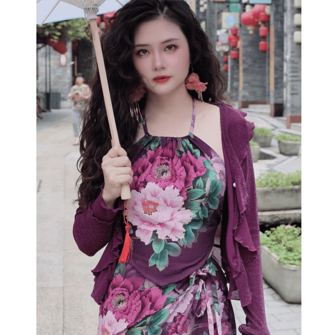 春夏复古【艳牡丹】新中式国风花朵松紧挂脖上衣+一片裙套装