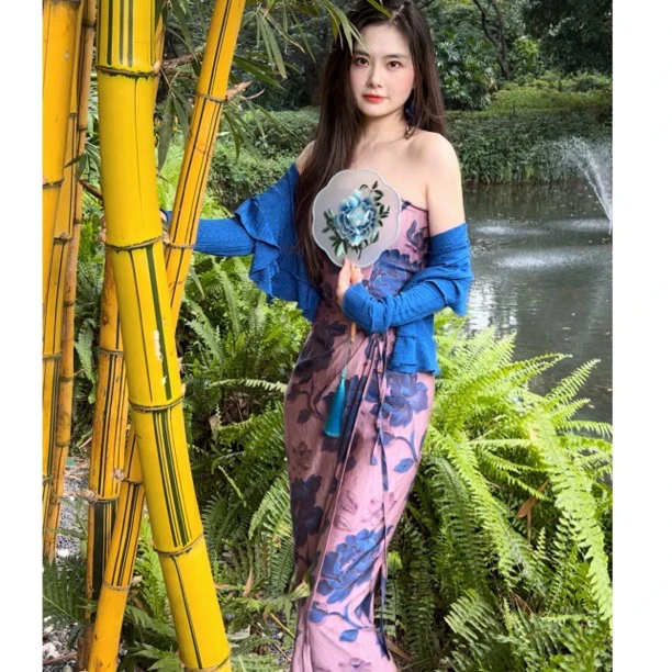 泽蓓花 秋季复古【蓝妖姬】国风花朵印花抹胸上衣+一片式半身裙套装