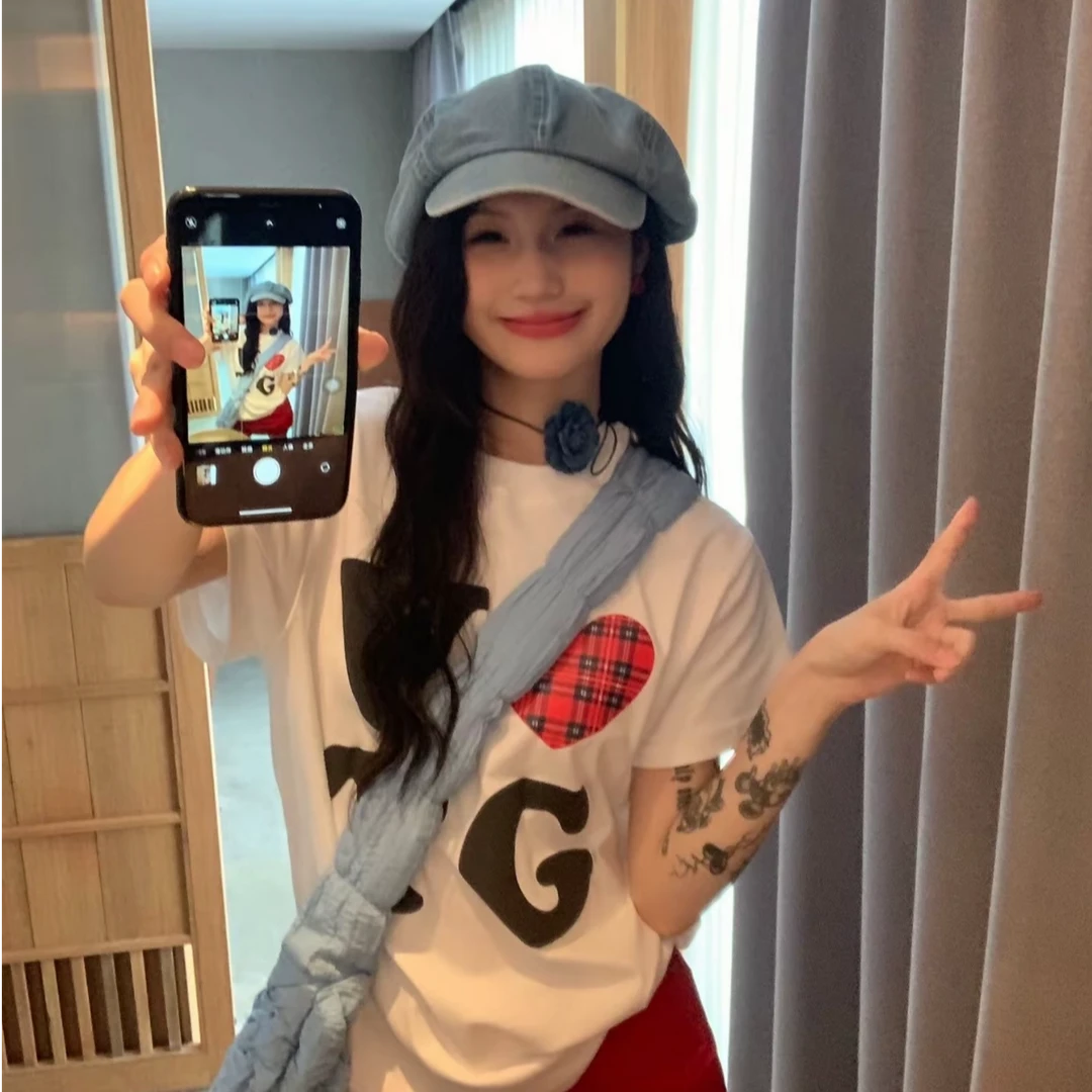 ABOstreet 美式复古爱心发泡印花短袖t恤女潮牌圆领宽松休闲上衣