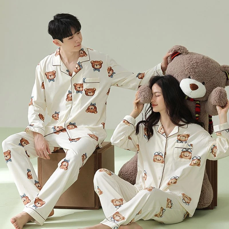 卡通小熊情侣睡衣春秋季宽松长袖可外穿舒适亲肤家居服套装58560