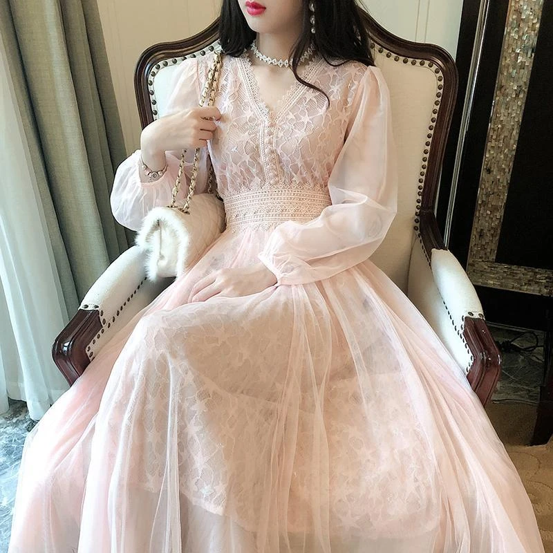 甜美长款网纱连衣裙女2024春季新款韩版超仙仙女裙收腰显瘦打底裙