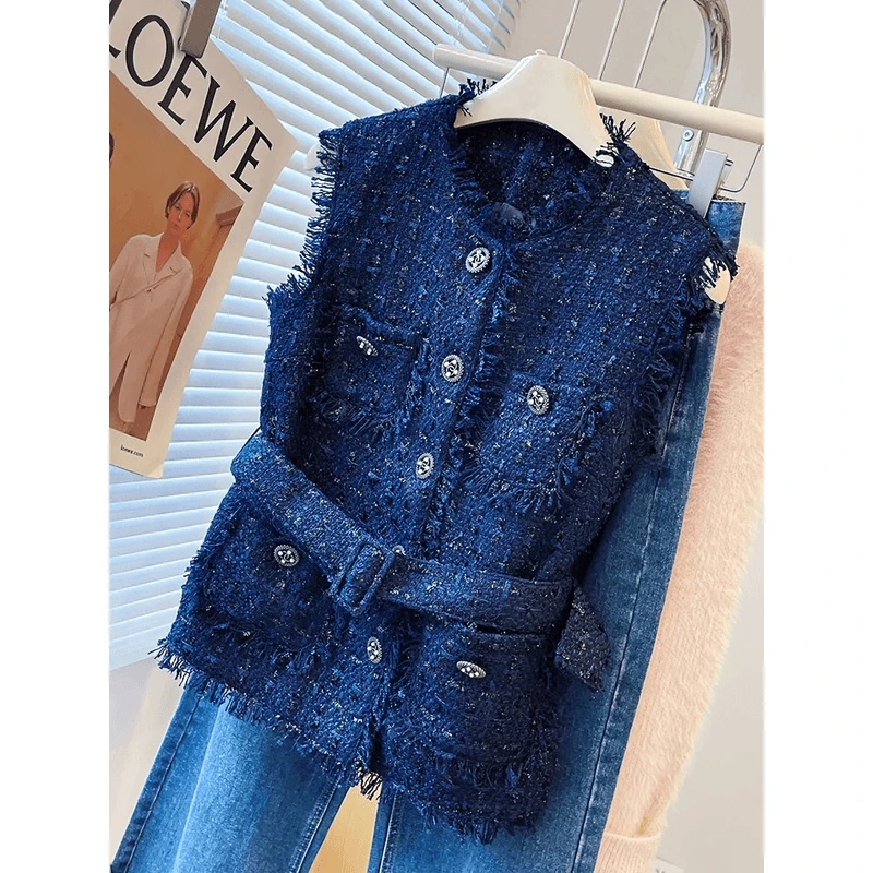 复古轻奢粗花呢小香风马甲气质蓝色洋气马夹无袖韩版网红时尚时髦
