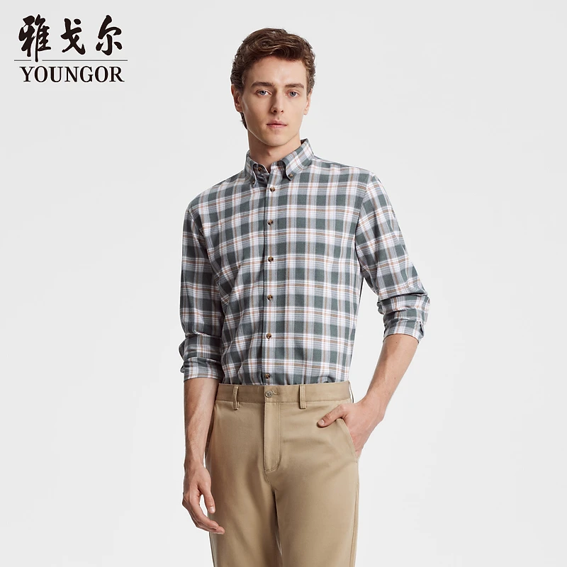 【含绵羊毛】雅戈尔秋冬商务休闲混纺格纹保暖衬衣长袖衬衫男士修身