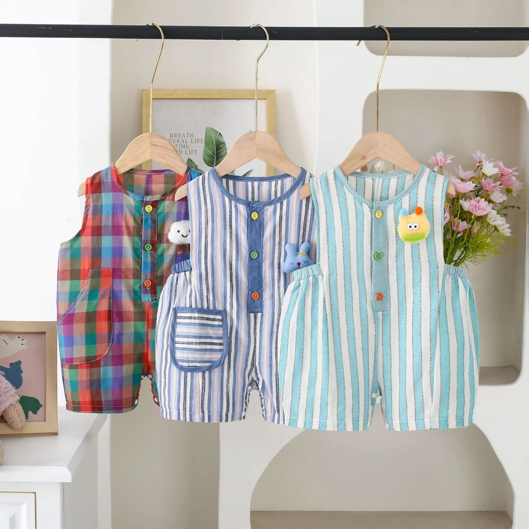 【晨妈严选】新款宝宝夏款透气套头彩色三粒扣无袖连体哈衣爬爬服