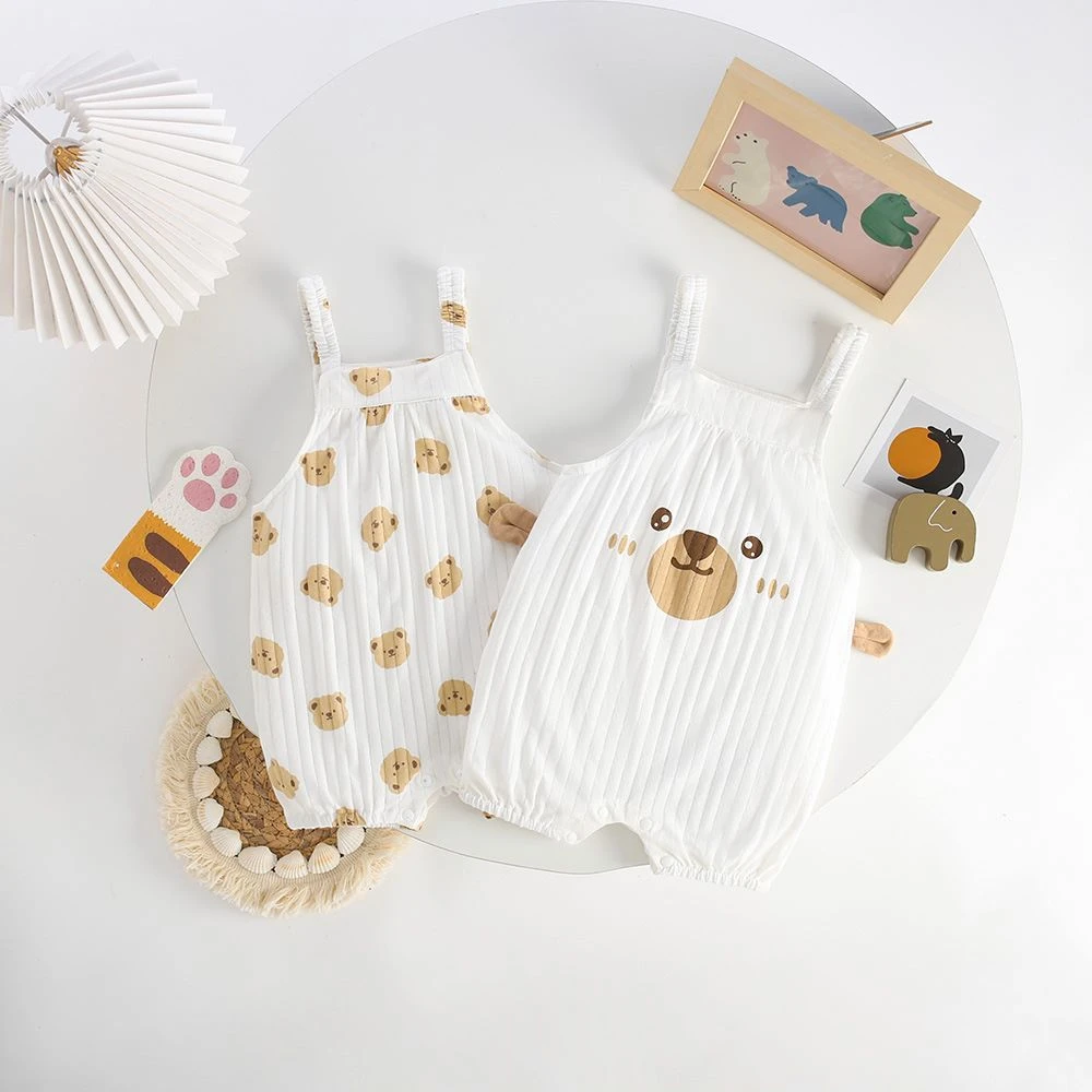 新款宝宝夏款凉快清爽婴幼儿小熊坑条纹吊带短爬外出服
