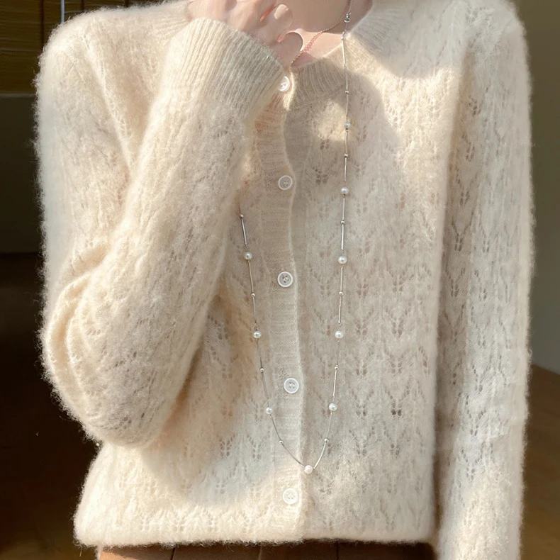 D324圆领羊毛衫提花镂空开衫针织外套长袖毛衣宽松上衣针织衫