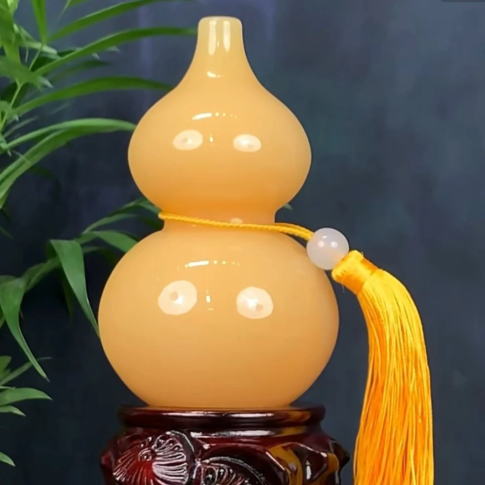 天然米黄玉葫芦摆件客厅家用米黄玉新款葫芦