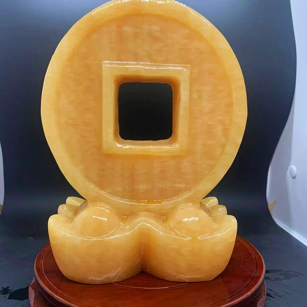 天然米黄玉天地财宝雕刻铜钱元宝雕刻家居创意摆件