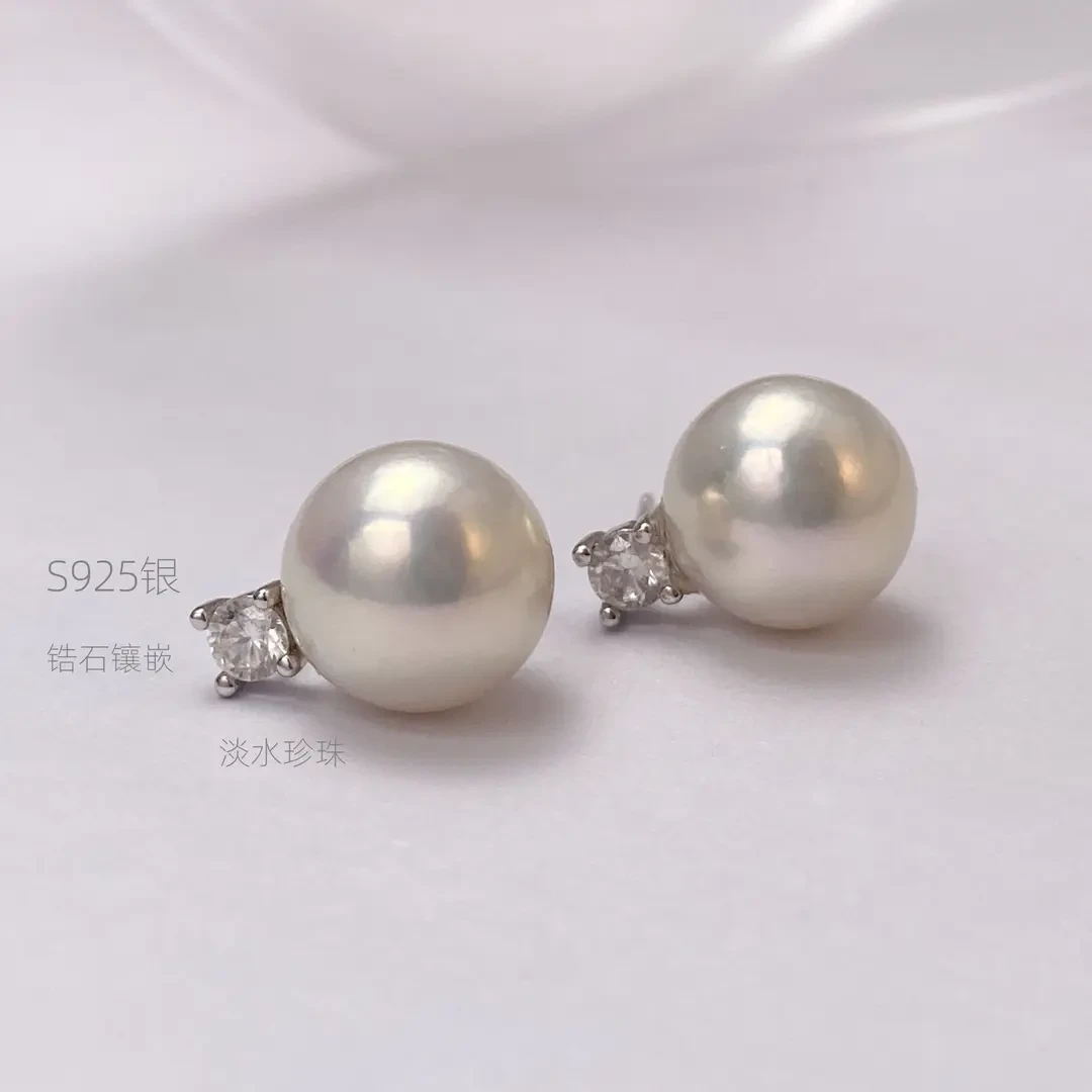 天然珍珠耳钉戴妃款正圆淡水极光耳饰