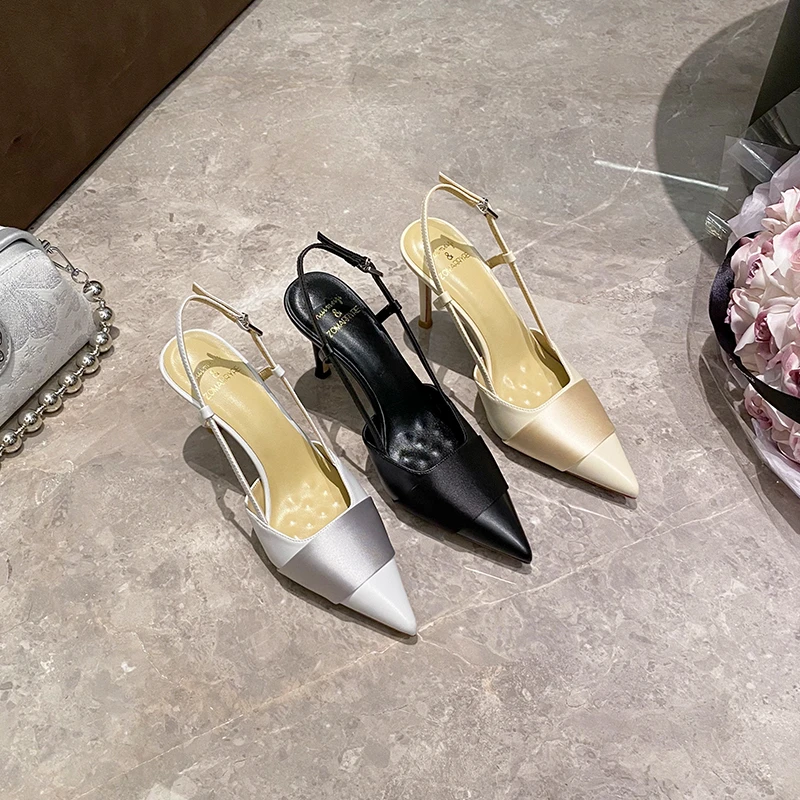 高跟鞋女2025春夏新款气质小个子一字带尖头细跟百搭包头后空凉鞋