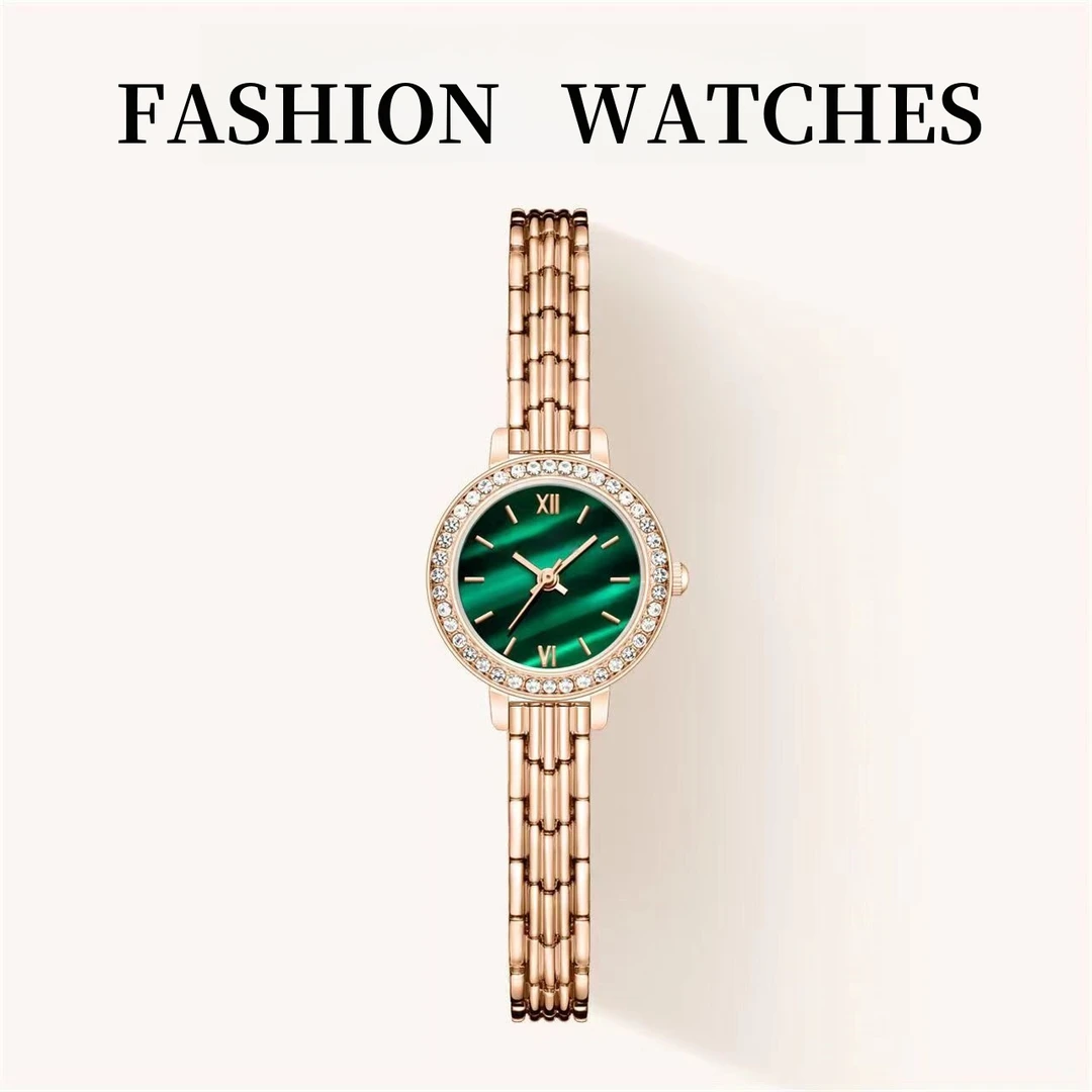 祖母绿色时尚简约气质圆盘精致小金表-XKB76