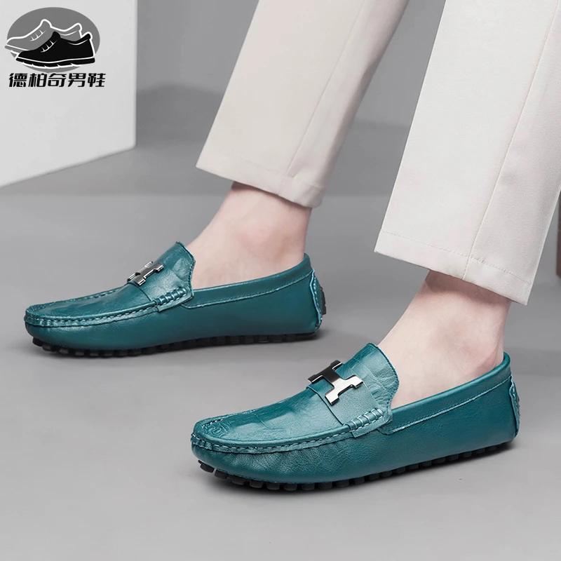 高档舒适新款豆豆鞋男士真皮韩版时尚一脚蹬软底透气驾车休闲皮鞋