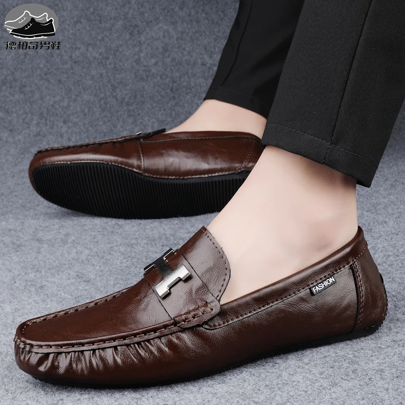 高端奢侈品百搭豆豆鞋男士真皮休闲皮鞋男一脚蹬懒人软底驾车鞋