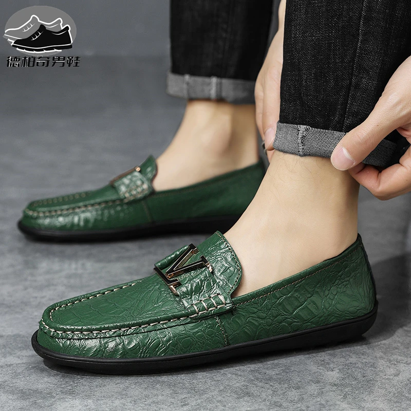 鳄鱼纹豆豆鞋男士真皮韩版时尚潮流休闲皮鞋男舒适软皮软底驾车鞋