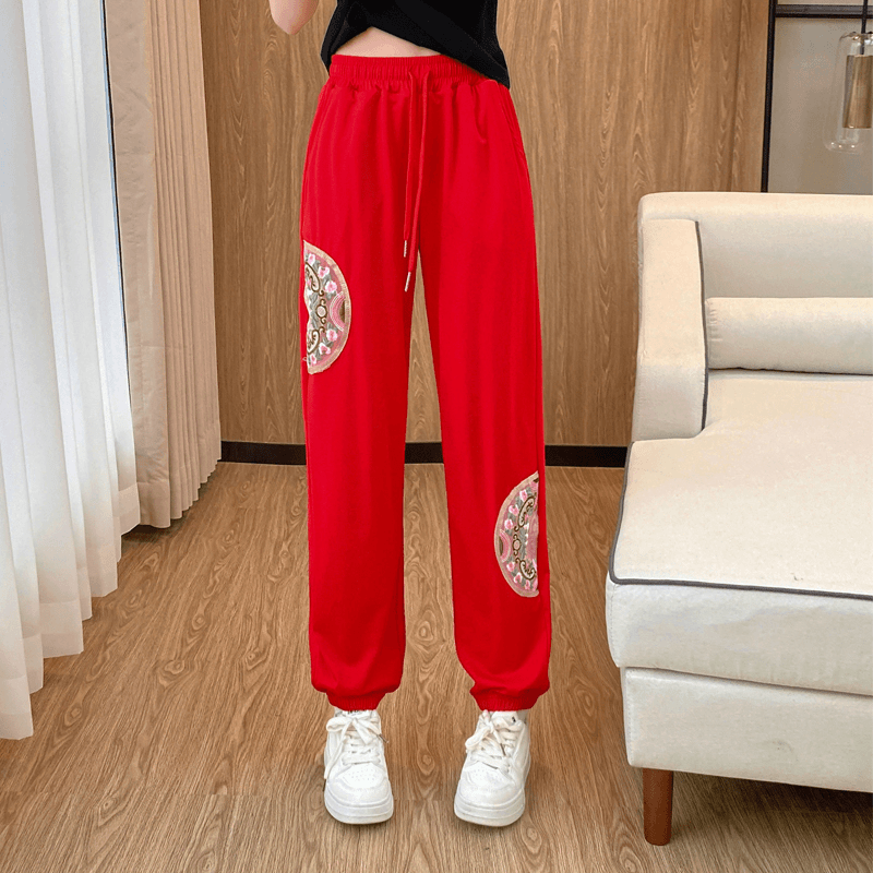 夏季国潮刺绣束脚卫裤女阔腿灯笼裤百搭哈伦裤直筒显瘦休闲运动裤