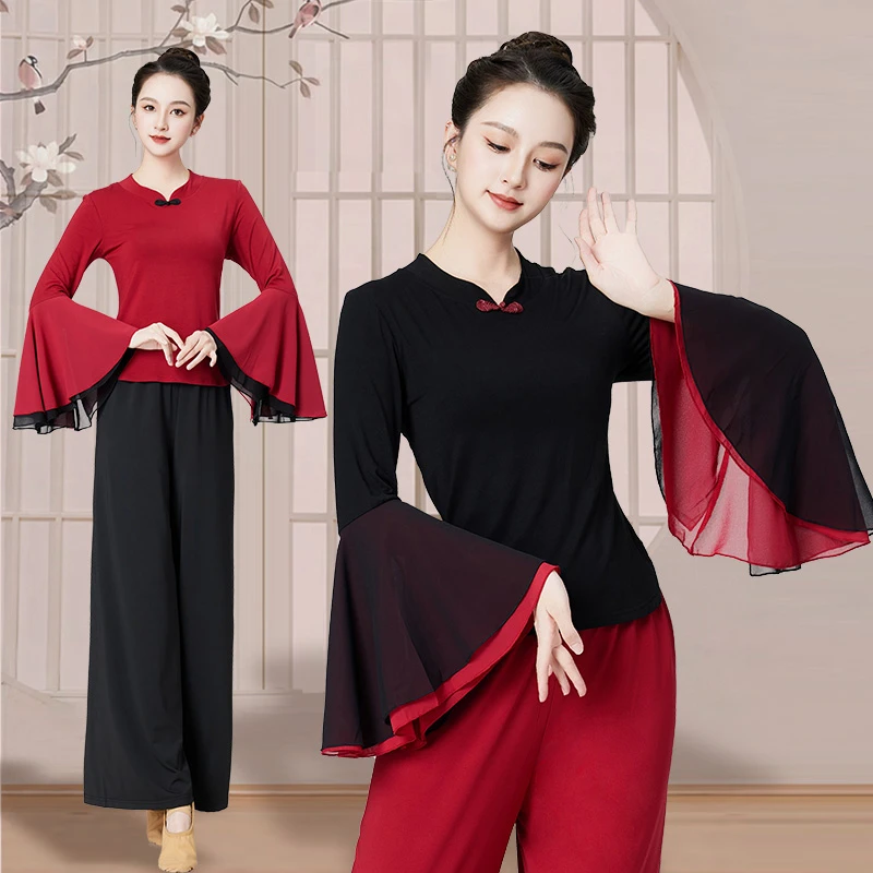 广场舞服装新款酒红色喇叭袖上衣舞蹈服女国风奥代尔棉健身练功服